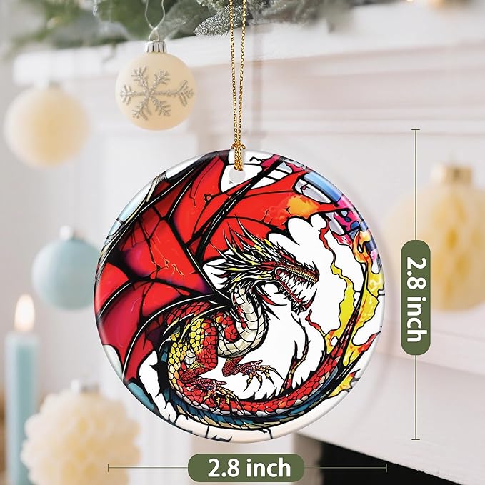 Ceramic-Style Christmas Tree Decorations, Christmas Ornaments, Double-Sided Printed Ornament Keepsakes, Holiday Decor. Xmas Gifts, Gifts for Dragon Lovers - Dragon-Themed