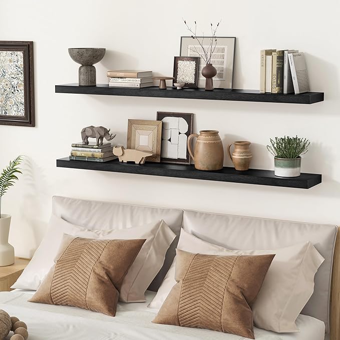 fuqing Black Floating Shelves 48 Inch, Solid Wood Wall Mounted Shelves Set of 2, Extra Long Modern Floating Shelves for Wall Decor & Storage, Shelves for Bathroom Bedroom Kitchen Living Room - Black