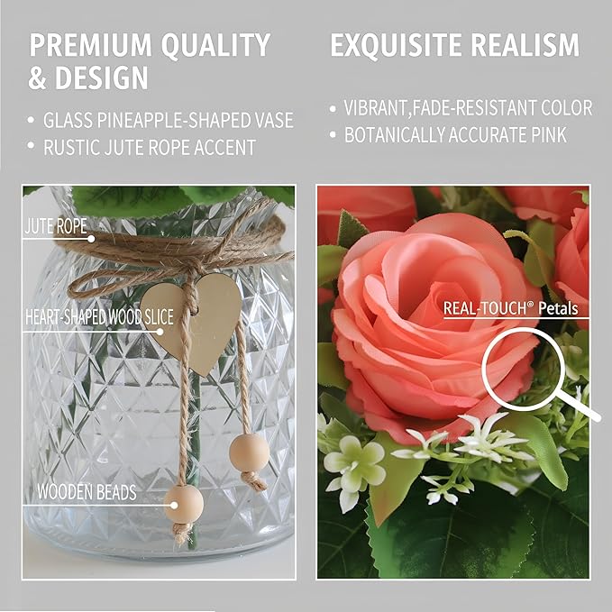 Faux Flowers in Vase,Fake Flowers in Vase 18 Pcs Faux Rose Flowers,Artificial Flowers for Home Decor, Indoor Centerpiece for Living Room & Dining Table (Pink)
