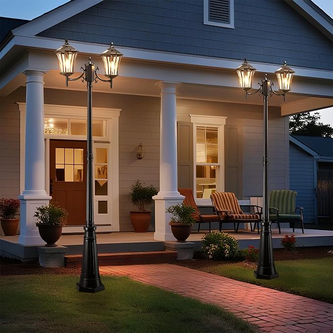 YSN 85" Solar Lamp Post Light, Dusk to Dawn Lamp Posts Outdoor Lighting, 2-Head Solar Pole Lights Outdoor Post Lights, Retro Black Exterior Pole Lantern, Waterproof Light Posts for Outside Garden Yard