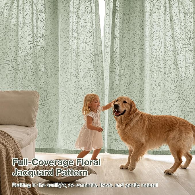 Anmao Sage Green Semi Sheer Light Filtering Short Curtains 45 Inches Long 2 Panels, Leaf Pattern Drapes for Living Room Bedroom, Rod Pocket Sheer Window Treatments with Floral Design, 52x45 Inch