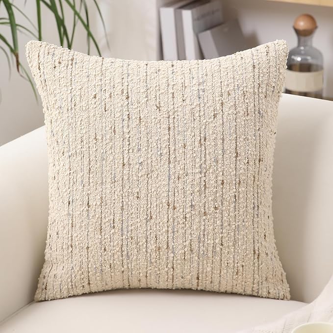 Textured Boucle Pillow Covers 24x24 Neutral Striped Throw Pillows Soft Modern Farmhouse Pillow Cases, 1pc Decorative Accent Square Couch Cushion Cover for Bed Sofa Chair, Cream Brulee