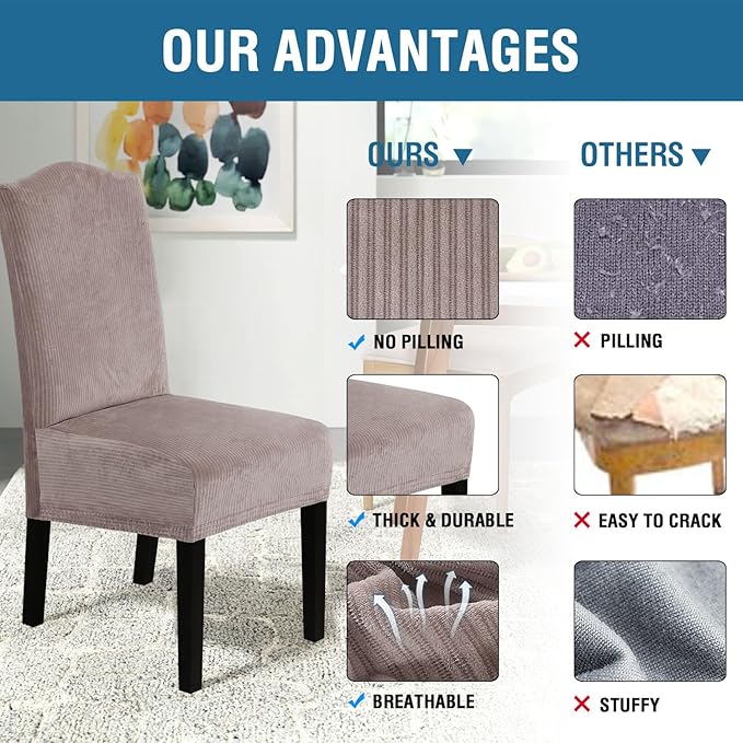 H.VERSAILTEX Velvet Dining Chair Covers Stretch Chair Covers for Dining Room Set of 4 Parson Chair Slipcovers Chair Protectors Covers Dining, Soft Thick Solid Velvet Fabric Washable, Taupe Striped