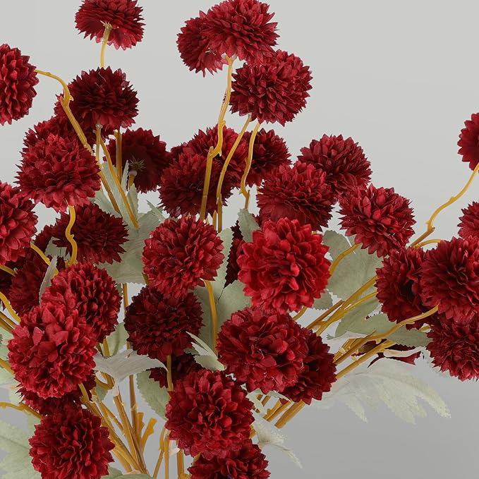 Hananona 12 Pcs Artificial Chrysanthemum Flowers, Red Kiku Pom Pom Mums Flower BurgundyFaux Floral Arrangements Wedding Centerpiece for Fall Autumn Home Kitchen Decor (12, Burgundy)