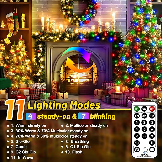 KNONEW Christmas Lights Outdoor 500 LED 197FT Clear Wire Color Changing String Lights with 11 Modes & Timer Dimmable Fairy Light for Xmas Tree Roof Yard Wedding Decorations(Warm White to Multicolor)