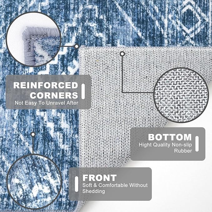 KILOCOCO Entryway Rug 2x3 Small Washable Rug Door Mat Indoor Soft Non Slip Printed Blue Kitchen Rugs for Bedroom Entry Front Door Geometric Boho Throw Rugs, Stonewashed Blue