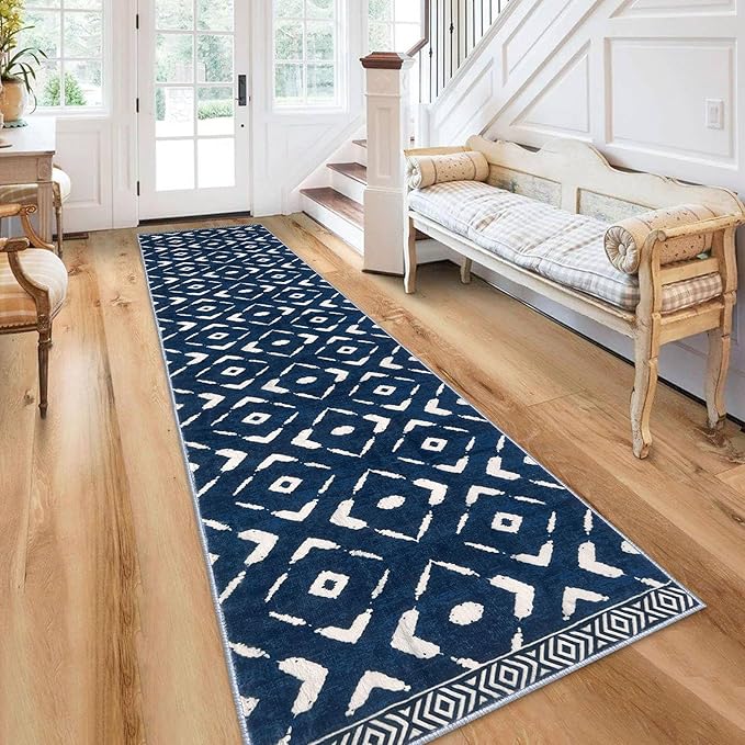 KILOCOCO Hallway Runner Rug 2.6'x12' Runners for Hallways Washable Runner Soft Non Slip Printed Geometric Low-Pile Rugs Runners for Bedroom Kitchen Living Room Boho Rugs, Blue