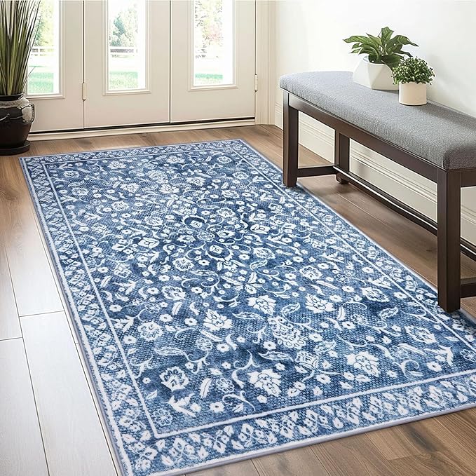 Vintage 3x5 Washable Rug for Entryway, Super Soft Blue and White Entryway Rug Non-Slip, Printed Faux Wool Floral 3x5 Area Rug Thin Floor Carpet for Kitchen, Bedroom, Office, Living Room