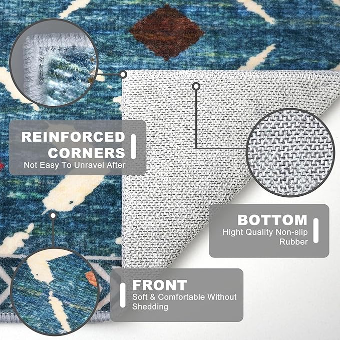 KILOCOCO Hallway Runner Rug 2'x7' Runners for Hallways Soft Washable Runner Rugs Non Slip Printed Low-Pile Runners for Bedroom Kitchen Living Room Laundry Room Boho Rugs, Teal/Blue