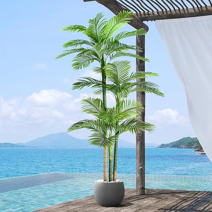 8.5ft Artificial Golden Cane Palm Tree - Large Triple Fake Palm Tree in Pot for Indoor/Outdoor, Patio, Pool, Big House, Office, Backyard, Home Decor - Green, Extra Tall