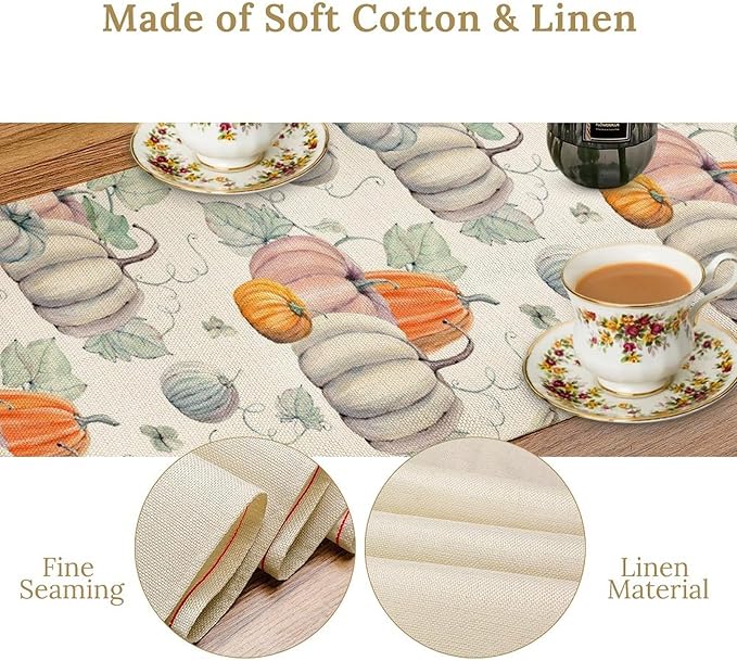 Fall Pumpkin Table Runner Vintage Leaves Plant Motifs Thanksgiving Theme Watercolor Illustration Home Decor for Farmhouse Indoor Outdoor Party Holiday Dining Kitchen Restaurant Cafe W13xL108in