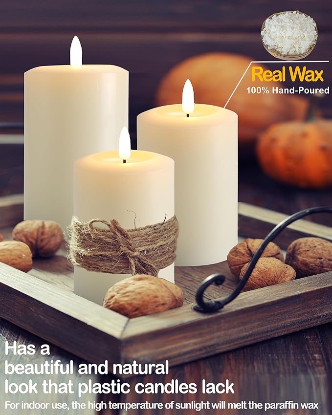 3"x6" Flickering Flameless Candles with Remote Timer, Real Wax, Ivory Pillar Candles, Set of 3 Large LED Battery Operated Candles for Home, Fireplace, Centerpiece, Rustic and Farmhouse Decor