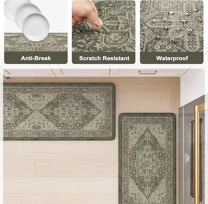 KIMODE Anti Fatigue Mats for Kitchen Floor 17"x47"+17"x29", Boho Kitchen Rugs Sets of 2,Cushioned Kitchen Floor Mats, Comfort Standing Mat for Laundry, Office, Sink, Desk Dark Green