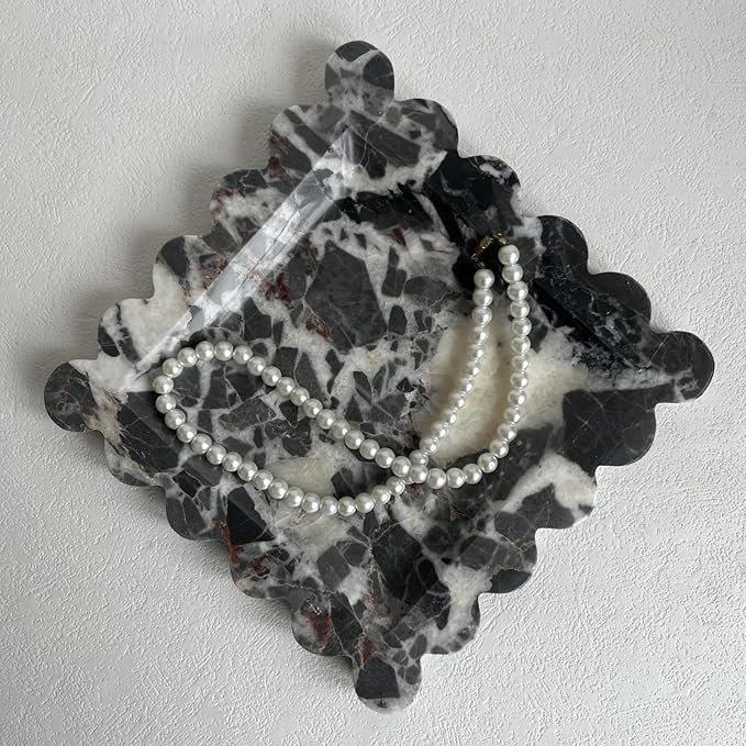 Vintage Natural Marble Tray Small Ornaments Scalloped Tray Handmade Storage Dish for Counter, Vanity, Dresser, Nightstand and Desk (Black White Brown)