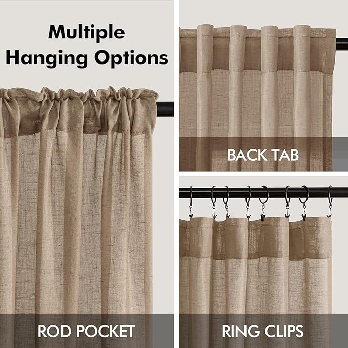ANRODUO Taupe Linen Curtains 102 Inches Long 2 Panels Light Filtering Sheer Back Tab Rod Pocket Drapes Cotton Linen Textured Window Curtain 102 Inch Length for Bedroom Patio Sliding Glass Door