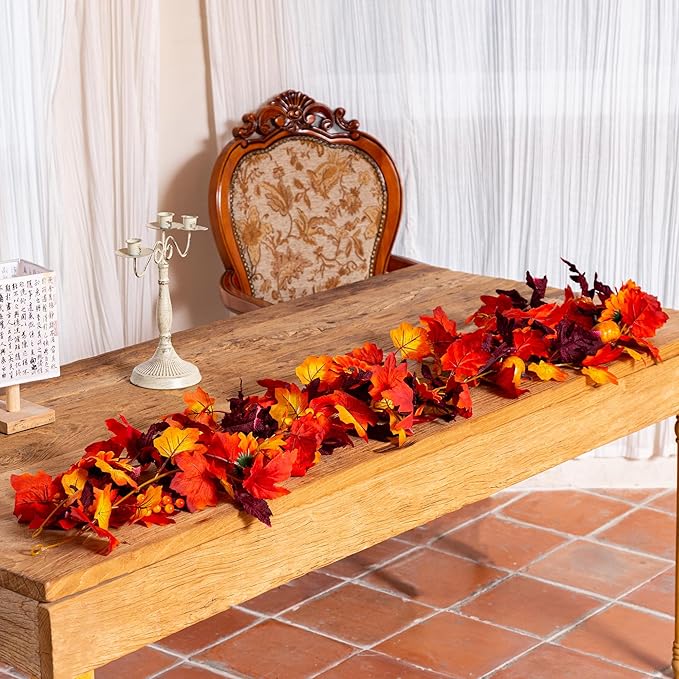Artificial Fall Garland with Maple Leaves, Pumpkins & Berries – 7Fft Orange Autumn Garland for Thanksgiving, Fireplace Mantel, Doorway & Fall Harvest Table Decor