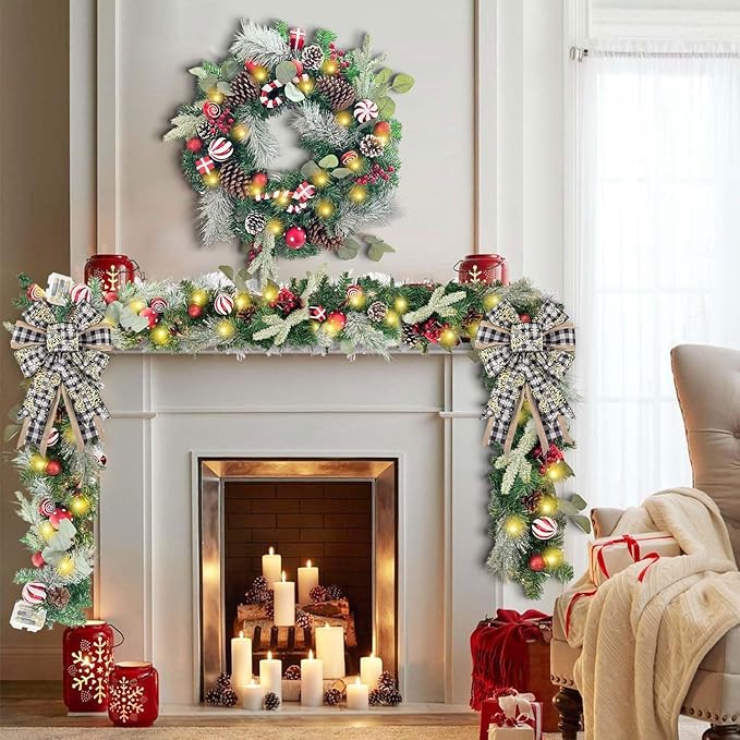 2 PCS Christmas Bow for Wreath, Christmas Wreath Bows for Front Door Wall Fence Decor Xmas Tree Plaid Bow for Holiday Party Home New Year Decoration