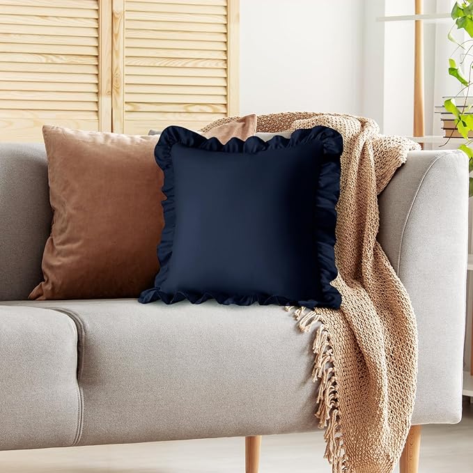 KKJIAF Ruffle Pillow Cases 18x18 Inches, Navy Blue Square Ruffled Pillow Covers Set of 2, Microfiber Wrinkle Resistant Pillow Shams with Envelope Closure for Sofa Bed Living Room