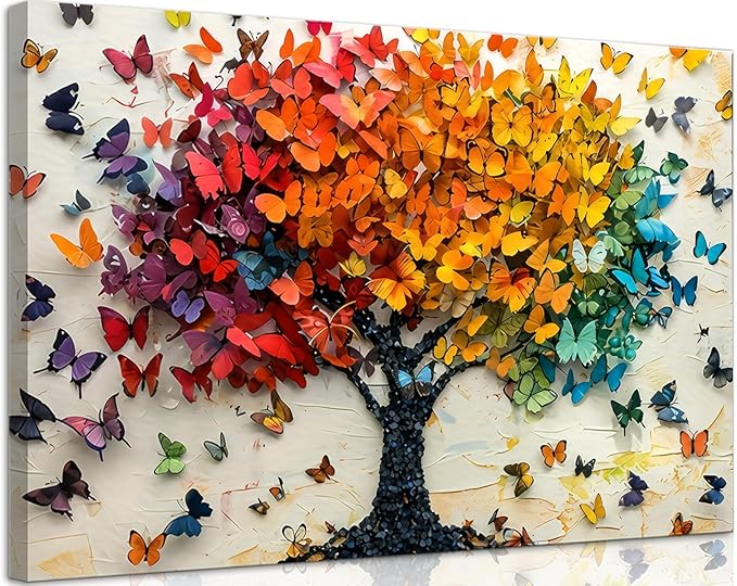 Colorful Butterfly Tree Canvas Wall Art Tree of Life Canvas Painting Picture Wall Decor Cute Butterfly Picture Poster Print Artwork for Wall Living Room Bathroom Bedroom Home Decoration
