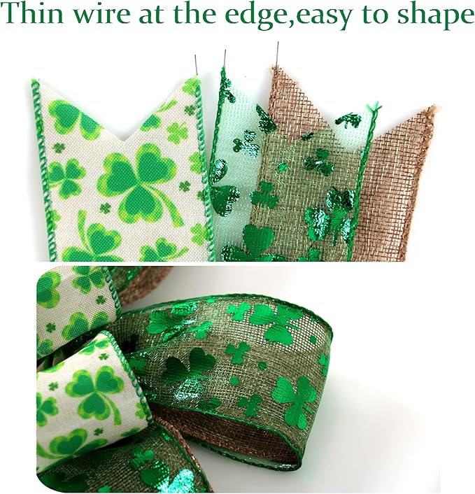 St Patricks Day Bow for Wreath Decorations,St Patricks Day Tree Topper Bows,Large Burlap White Green Glitter Shamrock Bowknot Irish Holiday Crafts Bows for Front Door Outdoor Outside