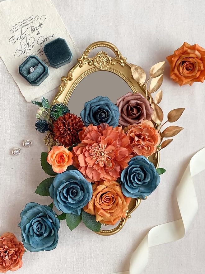 Roses Artificial Flowers Bouquet Box Set Fake Flower for DIY Bridal Wedding Shower Decorations Centerpieces for Table Faux Silk Floral Arrangement for Party Home Decor Indoor Teal Orange