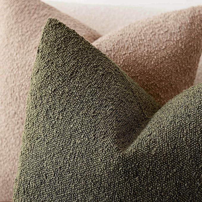 Foindtower Set of 2, Decorative Textured Boucle Throw Pillow Covers Accent Solid Pillow Cases Neutral Soft Cozy Couch Cushion Case for Chair Sofa Bedroom Living Room Home Decor 24x24 Inch Moss Green
