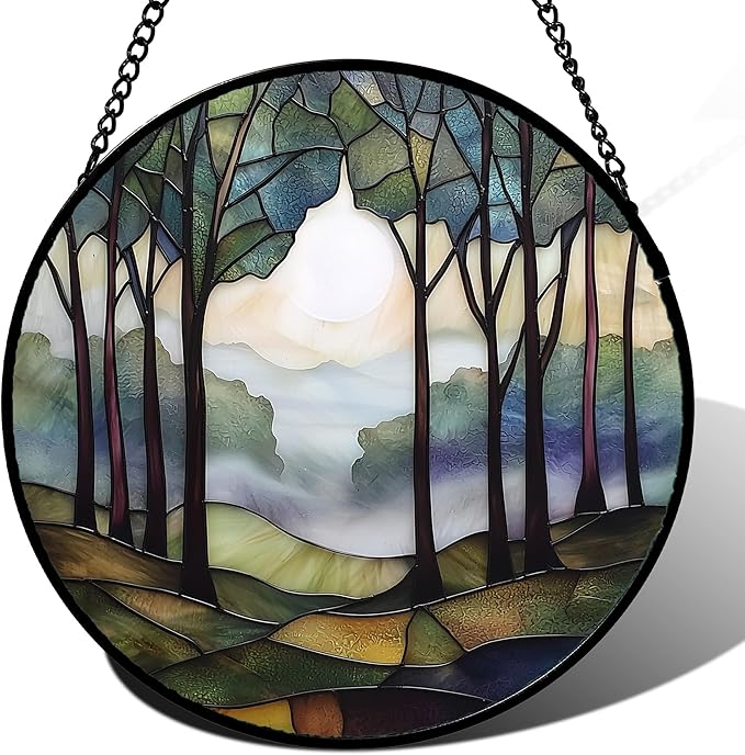 Stained Glass Window Hanging, Green Brown Smoke Forest Moon Suncatcher for Doors Window Home Tree Sun Catchers Decor Mother's Day Birthday Gifts for Women, Men Mom 15 in