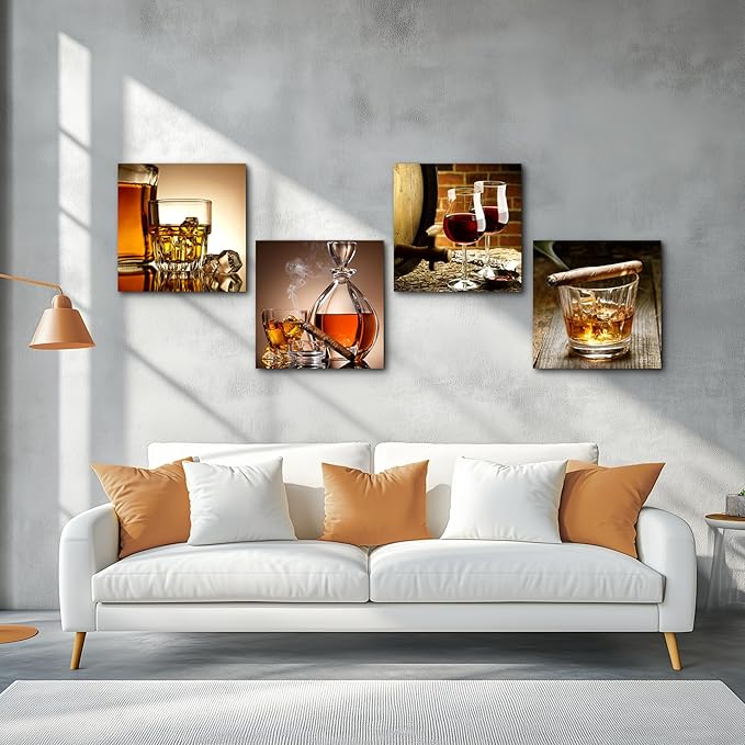 Canvas wall Art For Kitchen Dining Room Wall Decor Still Life Wine Glass Wall Paintings Ready To Hang For Home Decor Pub Restaurant Mural Framed Pictures Posters Prints Artwork 16" X 16"4 Piece