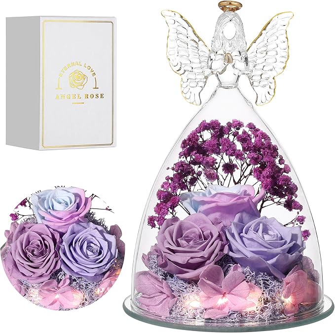 Christmas Rose Gifts for Women Preserved Real Flower in Glass Angel Figurines Roses for Delivery Prime Birthday Gifts for Mom Grandma Girlfriend Wife Her, Multi Purple