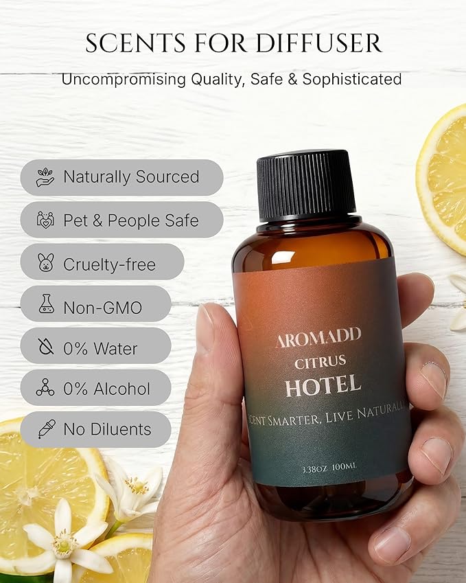Aromadd Citrus Hotel Scents Diffuser Oil The Hotel, Luxury Essential Oils for Waterless Diffuser, Aromatherapy Hotel Diffuser Oil for Home & Office, Long-Lasting - 3.38 fl oz (100 mL)
