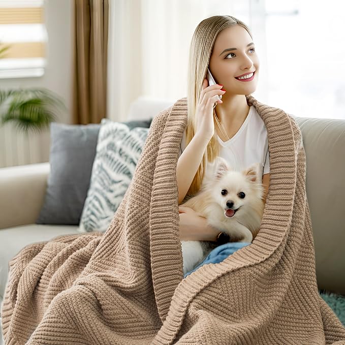 Knitted Throw Blanket 50"X60", Taupe Knit Throws for Bed, Super Soft Boho Chevron Blankets for Couch Sofa Chair Room Decor, Textured Decorative Farmhouse Cozy Lightweight