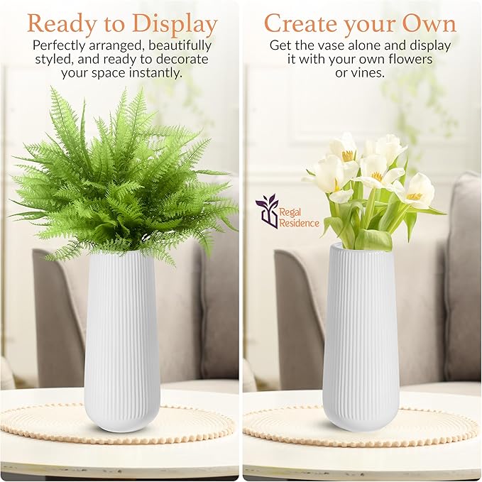 Elegant White Ceramic Vase with One Free Artificial Fern Stem – Perfect for Home, Garden & Table Centerpieces