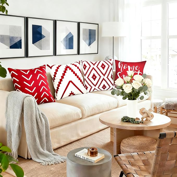 Decorative Throw Pillow Covers 16x16 inch Set of 4 Wine Red Pillow Covers for Couch Sofa Bed Living Room,Farmhouse Outdoor Throw Pillow Cover,Modern Geometric Linen Square Throw Pillow Cases