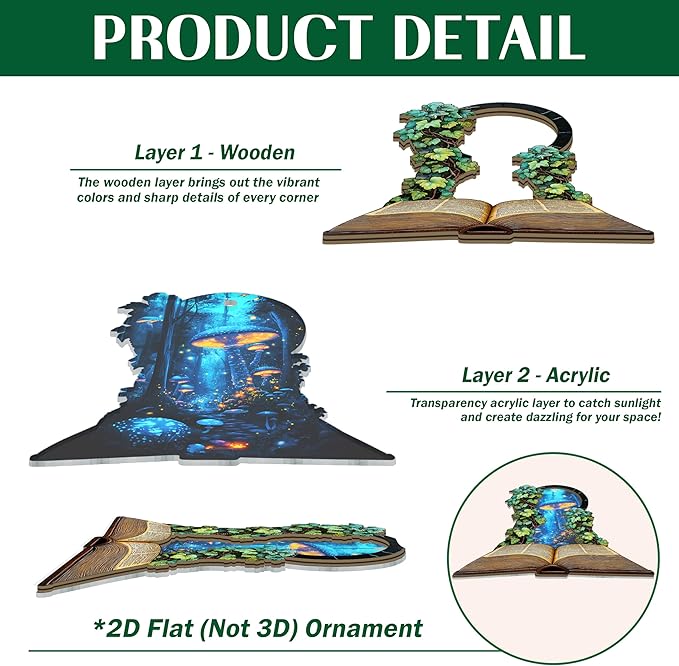 GEEMBI Book Lovers Gifts for Women - 2D Flat (Not 3D) Suncatcher Mushroom Christmas Ornaments 2025 - Bookish Gift for Readers Librarian, Christmas Ornament Gifts for Teacher, Fantasy Xmas Decorations