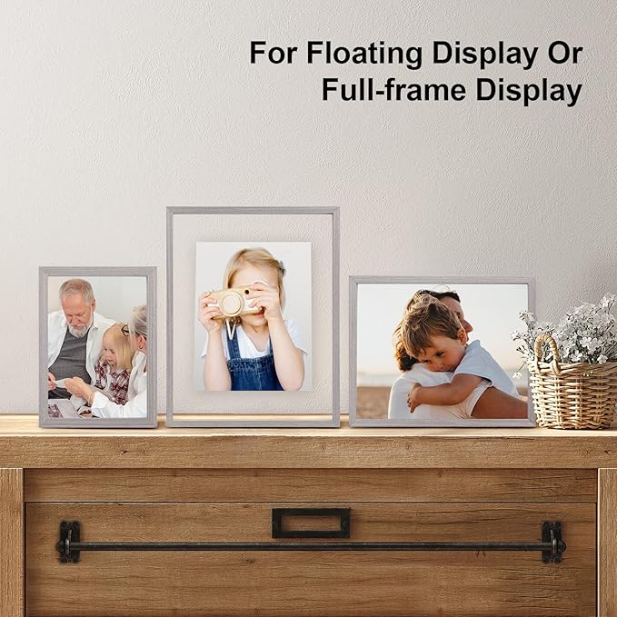 Egofine 6x8 Floating Frames Set of 2, Double Plexiglass Picture Frame, Made of Solid Wood Display Any Size Photo up to 6x8, Wall Mount or Tabletop Standing, Light Grey