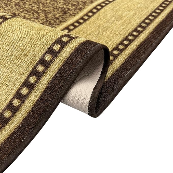 Kapaqua Custom Size Brown Gold Beige Bordered Rubber Backed Non-Slip Hallway Stair Runner Rug Carpet 22 inch Wide Choose Your Length 22in X 20ft