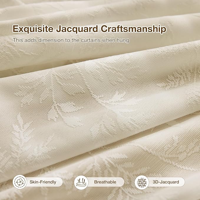 Anmao Taupe Semi Sheer Light Filtering Curtains 90 Inches Long 2 Panels, Leaf Pattern Drapes for Living Room Bedroom, Rod Pocket Sheer Window Treatments with Floral Design, 52x90 Inch