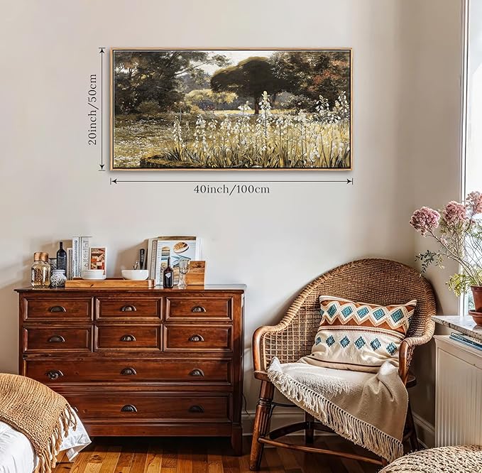 BLINFEIRU Framed Canvas Wall Art Decoration, Vintage Nature Landscape Painting Prints, Countryside Farmhouse Wildflower Field Artwork, Rustic Scenery Picture, Home Living Room Bedroom Decor 20"x40"