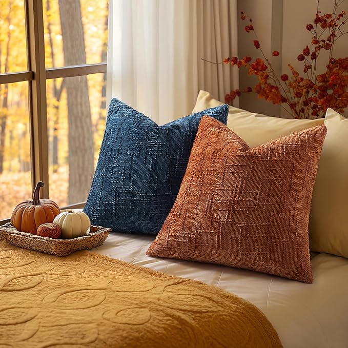decorUhome Fall Rust Chenille Throw Pillow Covers 20x20 Set of 2 Thick Textured Slubby Couch Pillow Covers Farmhouse Accent Modern Neutral Decorative Pillow Cases for Bed Sofa Living Room