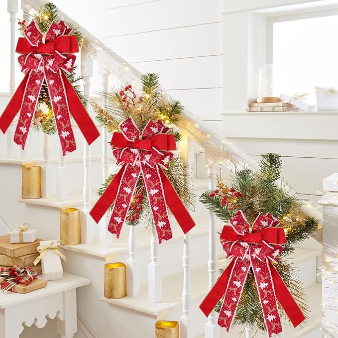 RECUTMS 2 Pieces Christmas Bows Red Christmas Tree Topper Wreath Bows with Xmas Tree Patterns Two-Tier Christmas Bow Decoration for Winter Holiday Xmas Gift Party Seasonal Indoor Outdoor Decor