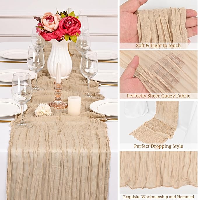 12 Pack Beige Cheesecloth Table Runner,10FT Gauze Boho Long Easter Cheesecloth Table Runners 20x120inch Rustic Cheese Cloth Table Runner for Wedding Party Bridal Shower,Table Decorations