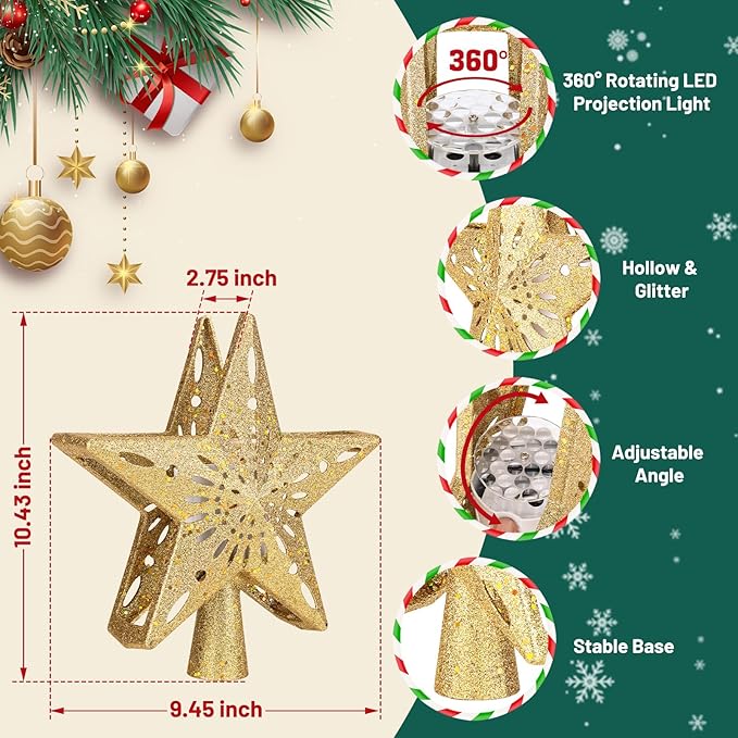 Christmas Tree Topper Lighted with 6 Projection Modes,Christmas Star Tree Topper Built-in LED Rotating Projector Lights 3D Sparkling Christmas Tree Decorations for Xmas Party Holiday Decor(Golden)