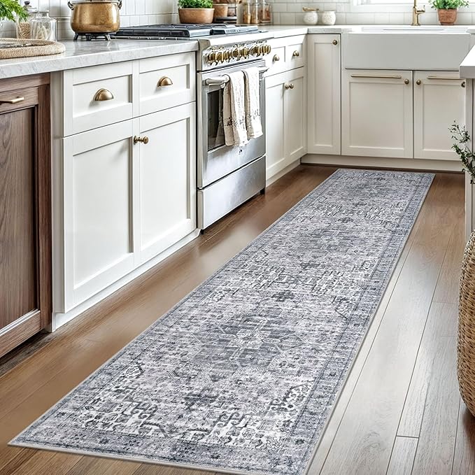 2x8 Washable Runner Rug for Hallways, Grey Blue White Soft Neutral Vintage Printed Runners with Non-Slip, Non-Shedding Boho Rugs for Bedroom Kitchen Porch Laundry Indoor