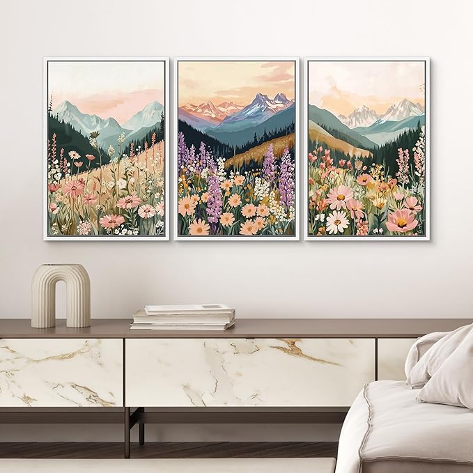 SIGNWIN Framed Canvas Print Wall Art Set Wildflower Meadow with Mountain Sunset Colorful Nature Landscape Illustrations Modern Art Decorative Zen for Living Room, Bedroom, Office - 24"x36"x3 White