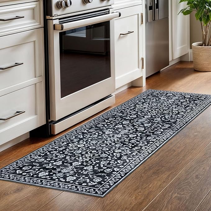 Vintage Washable Runner Rug 2x6, Black White Runners for hallways, Super Soft Kitchen Runner Rug Non Slip, Printed Faux Wool Floral Thin Carpet Runner for Entryway Laundry Room Bedroom