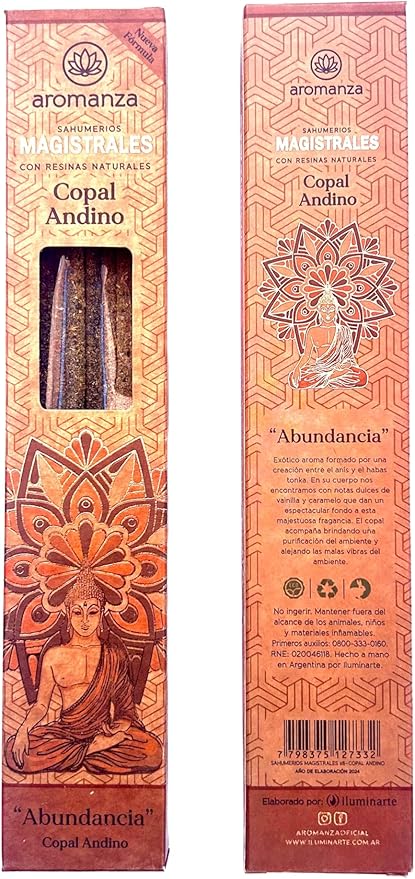 Sahumerios MAGISTRALES. Premium Incense. (Andean Copal - Abundance) Therapeutic. Natural Resins. Inspiring Messages in Each Box. Hand Made. Organic. 8 Count.