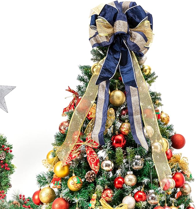Blue Gold Christmas Tree Bow Topper - 33x13 Inches Large Gift Bow Handmade Decoration for Wreaths