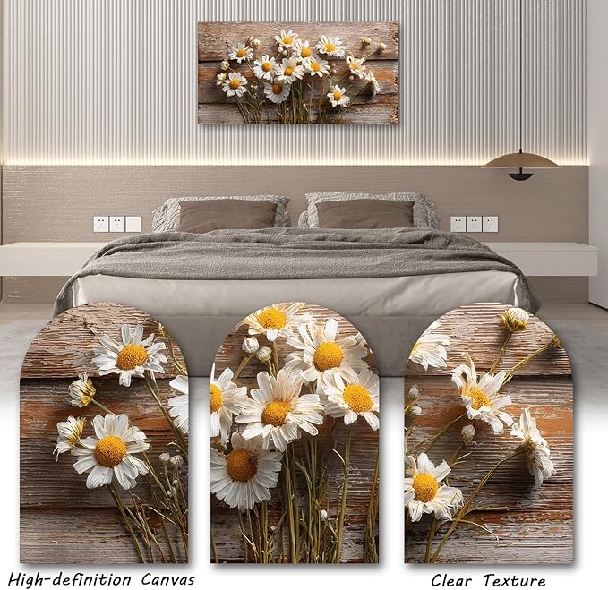 KZKU Rustic Daisy Canvas Wall Art-Large Farmhouse Floral Print-White Flowers on Weathered Wood Background- Modern Decor for Living Room Bedroom 20X40in