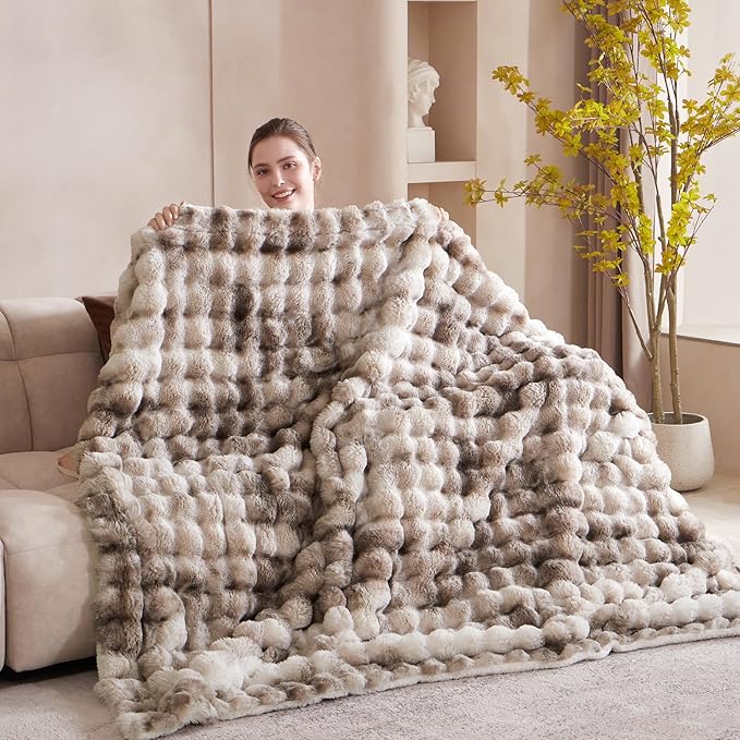 50x60 Inches Ultra-Soft Fuzzy Faux Fur Plush Throw Blanket - Thick, Warm Sherpa for Couch, Sofa, Bedroom, Camping - Decorative Blanket for Cozy Warmth, Bubble Brown Tie Dye