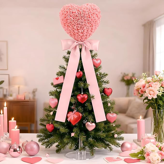 Soulchen Valentine Day Tree Topper 11.8 Inch Pink Heart Tree Topper with Bow Artificial Rose Flower Valentines Trees Ornaments for Valentine's Day Wedding Holiday Party Supplies